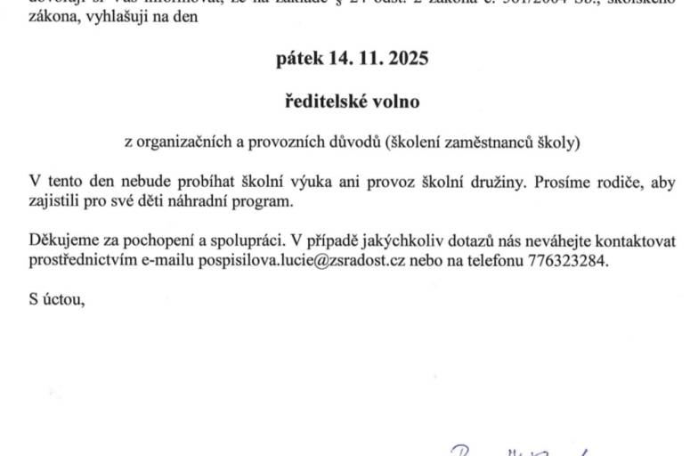 Oznámení o ředitelském volnu: Informace, že dne 14. 11. 2025 bude z provozních a organizačních důvodů vyhlášeno ředitelské volno.
